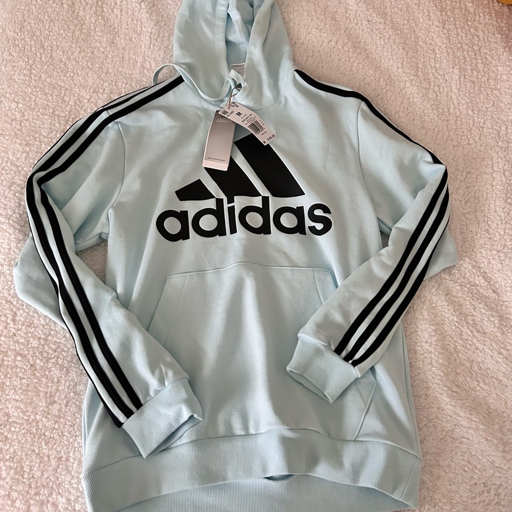 Adidas Light Blue Hoodie with Black Stripes